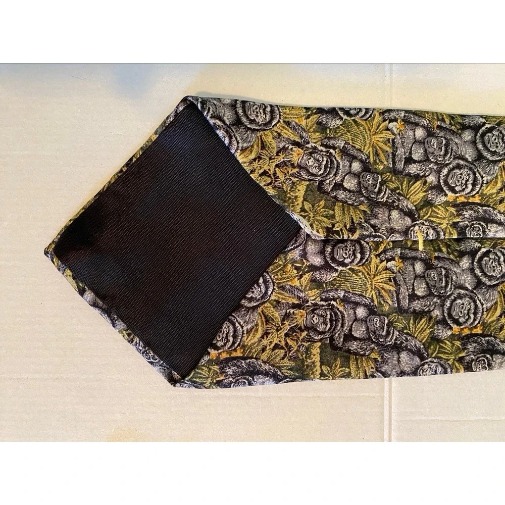 Endangered Species Mens Silk Tie Gorilla Jungle Animal Print Grey Green USA Made